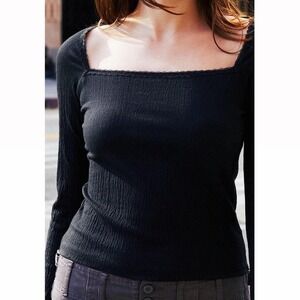 John Galt Roxy Long‎ Sleeve Top Women's Size Small Black Square Neck Lace Boho